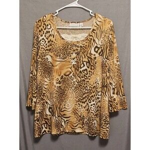 Susan Graver Animal Print Top Womens Medium 3/4 Sleeve Henley Lace Trim Blouse